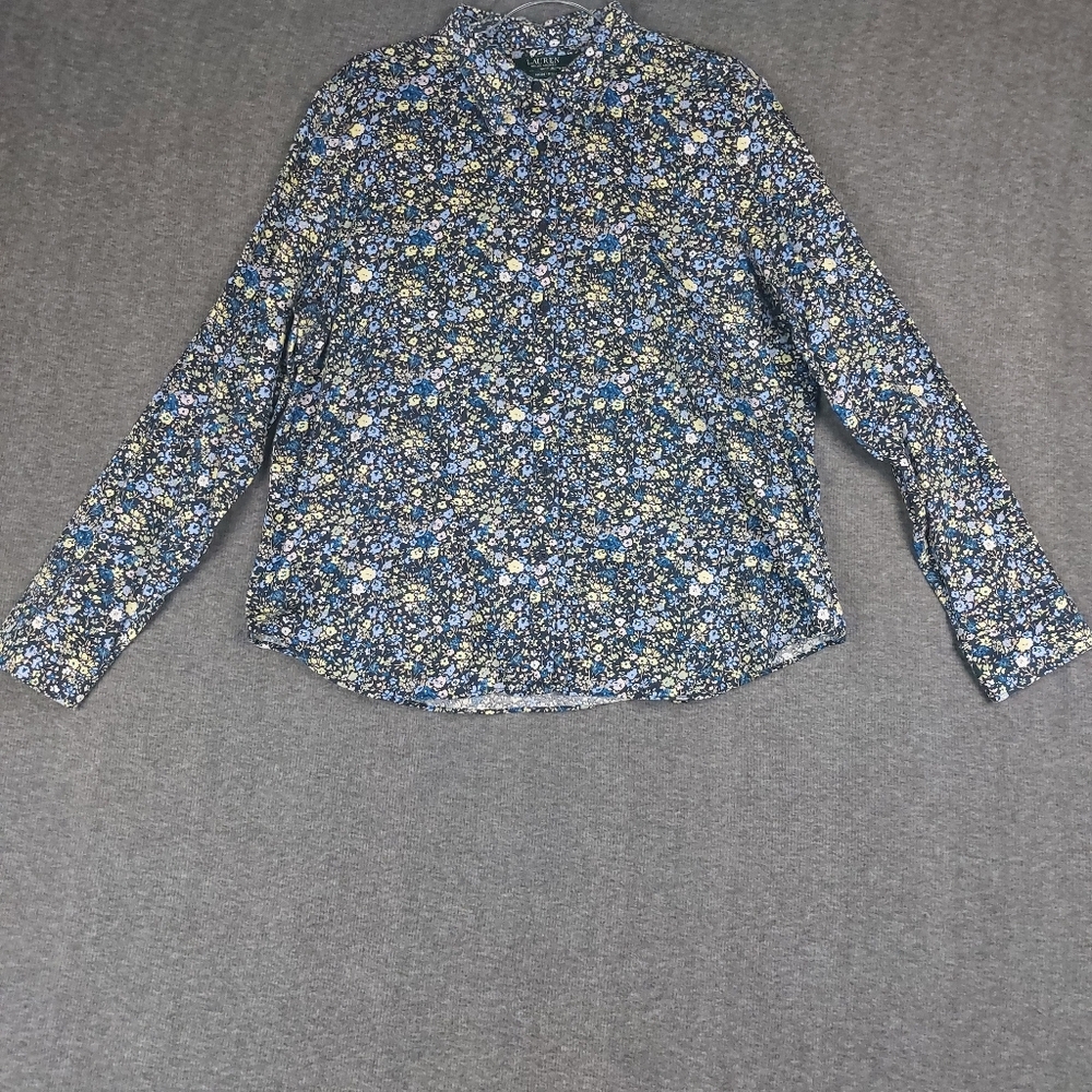 LAUREN RALPH LAUREN WOMENS NON IRON BLUE MICRO DITSY FLORAL COTTON SHIRT SZ XXL